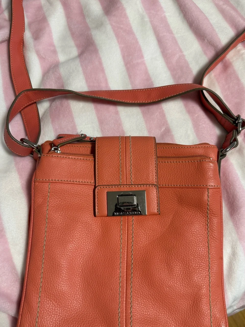 Tignanello Coral Leather Crossbody with Silver Tone Hardware